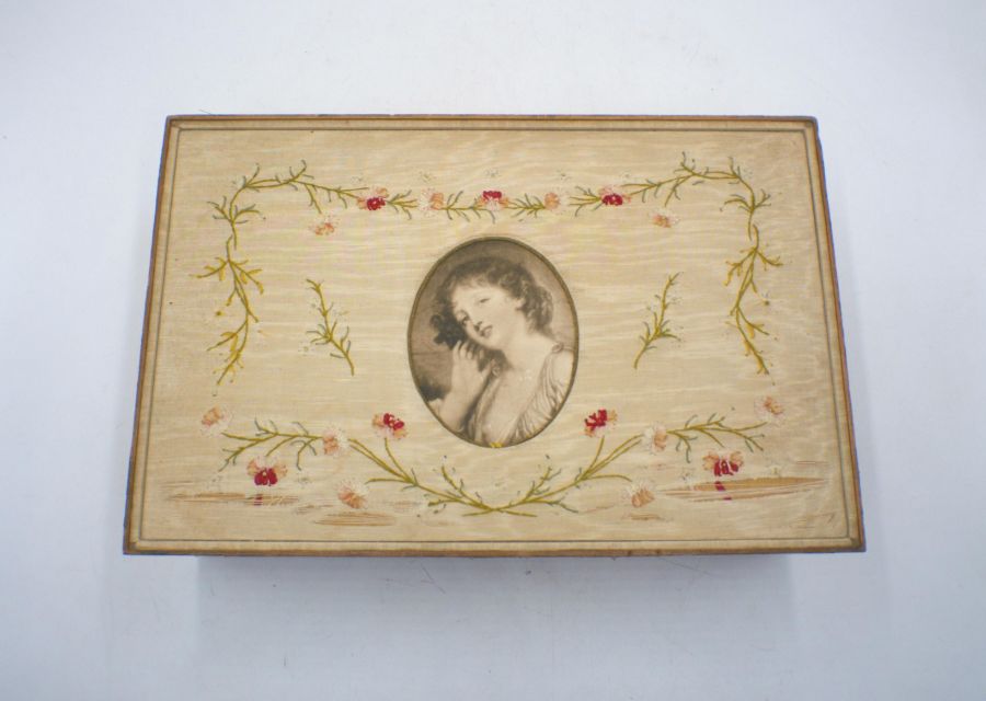 An antique sewing box with embroidered top, containing a quantity of lace and fabrics etc, A/F. - Image 2 of 4