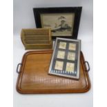 An inlaid tray, along with a desk organiser, framed "Henry" Costlier Tobacco cards and Oriental