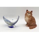 A Beswick Persian cat with ginger coat and a Caithness bowl in green and blue with etched penguins