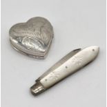 A hallmarked silver heart shaped pill box along with a silver bladed fruit knife