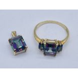 A 9ct mystic topaz 3 stone ring along with a mystic topaz pendant set in 10ct gold