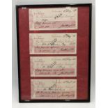 Four framed Provincial Bank of Ireland cheques from 1881