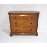 A turn of the century slimline fruitwood chest of three drawers, length 91cm, depth 32cm, height