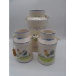 Three ceramic churn style jugs. Tall jug has chip to rim.