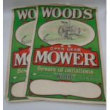 Two early 20th Century coloured posters advertising "Wood`s Open Gear Mower" published by Hickson,