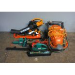 A Flymo Easi Glide lawn mower, along with a Flymo Mini Trim ST strimmer, a Worx WG501E garden blower
