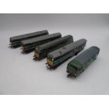 Three unboxed Tri-ang Hornby OO gauge model railway green diesel locomotives (all numbered D5572),