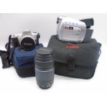 A canon EOS300 camera along with a Canon zoom lens (75-300mm) and a Canon MV600 camcorder