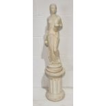 A vintage classical style plaster statue on plinth of the Greek goddess Hebe - overall height 105cm