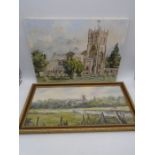 Denys Garle oil on board of a church landscape along with an unframed Harley Crossley ('73) oil on