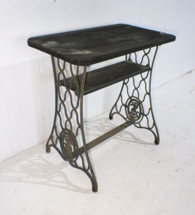 A garden table converted from a Singer sewing machine base with wooden top. - Image 3 of 4