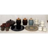 A collection of various Denby storage jars, platters etc including Luxor, Shiraz and Baroque