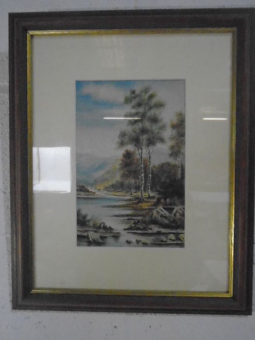 A gilt framed tapestry, watercolour with BJH monogram and a modern oil painting of a three masted - Image 2 of 13
