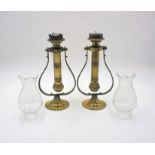 A pair antique brass wall mounting gimble lights, with frilled glass shades - possibly railway