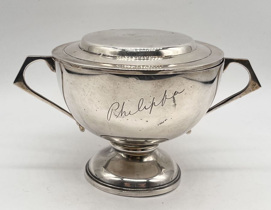 A hallmarked silver two handled cup with saucer/lid inscribed "Philippa", total weight 212.3g - Image 2 of 3