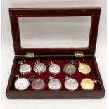 A collection of 10 modern pocket watches in display case
