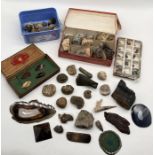 A collection of fossils and minerals including polished geodes, fossilised bone, urchins etc. along