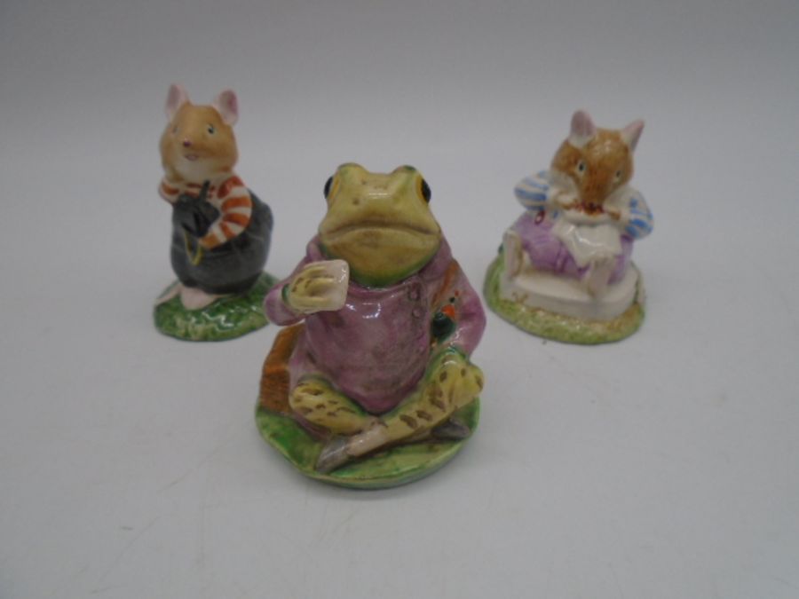 Two Royal Doulton Brambly Hedge figurines including Wilfred Toadflax and Mr Toadflax, along with a