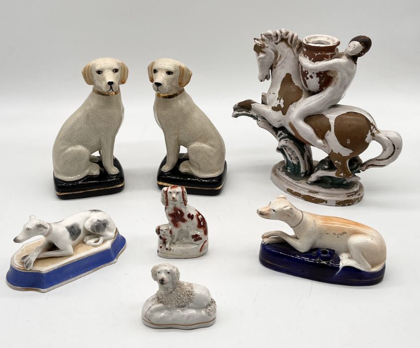 A collection of various china including two Staffordshire pottery greyhounds, a Staffordshire Poodle