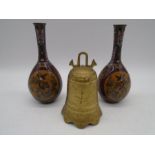 A pair of cloisonne vases ( A/F) along with a bronze Eastern bell/cover