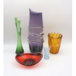 Four art glass vases and a dish.