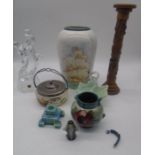 A miscellaneous lot including a wooden candlestick with carved leaf design, a Moorcroft jug (