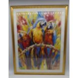 A framed print of three Parrots by artist E.Mudwissel - Overall size 85cm x 66cm