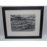 A framed print of "Blackven" gig rowing boat, signed A.Bowskill - local interest