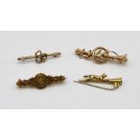 Four 9ct gold brooches/pins- 1 A/F, total weight 5.8g