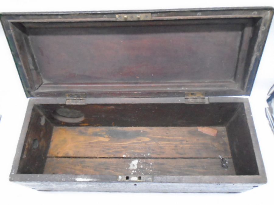 An antique metal bound small trunk, labelled with The Acetylene Illuminating Co Ltd (South - Image 5 of 6