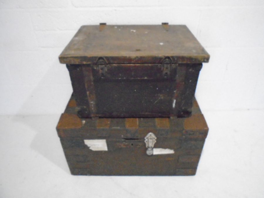 Two vintage small wooden storage trunks, one with enclosed drawer