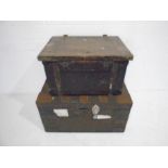 Two vintage small wooden storage trunks, one with enclosed drawer