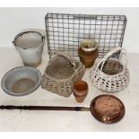 An assortment of items including terracotta pots, enamel bucket, galvanised tray, two wicker baskets