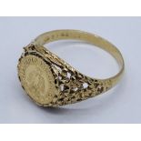 A 9ct gold ring set with a Mexican 1865 Maximillian gold coin, total weight 2.9g