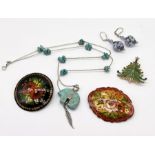 A 925 silver and turquoise necklace, Russian style lacquer brooches etc.