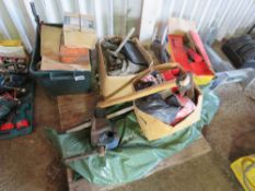 PALLET OF ASSORTED ITEMS INCLUDING VICE AND AN AXE. RETIREMENT SALE. THIS LOT IS SOLD UNDER THE AUCT