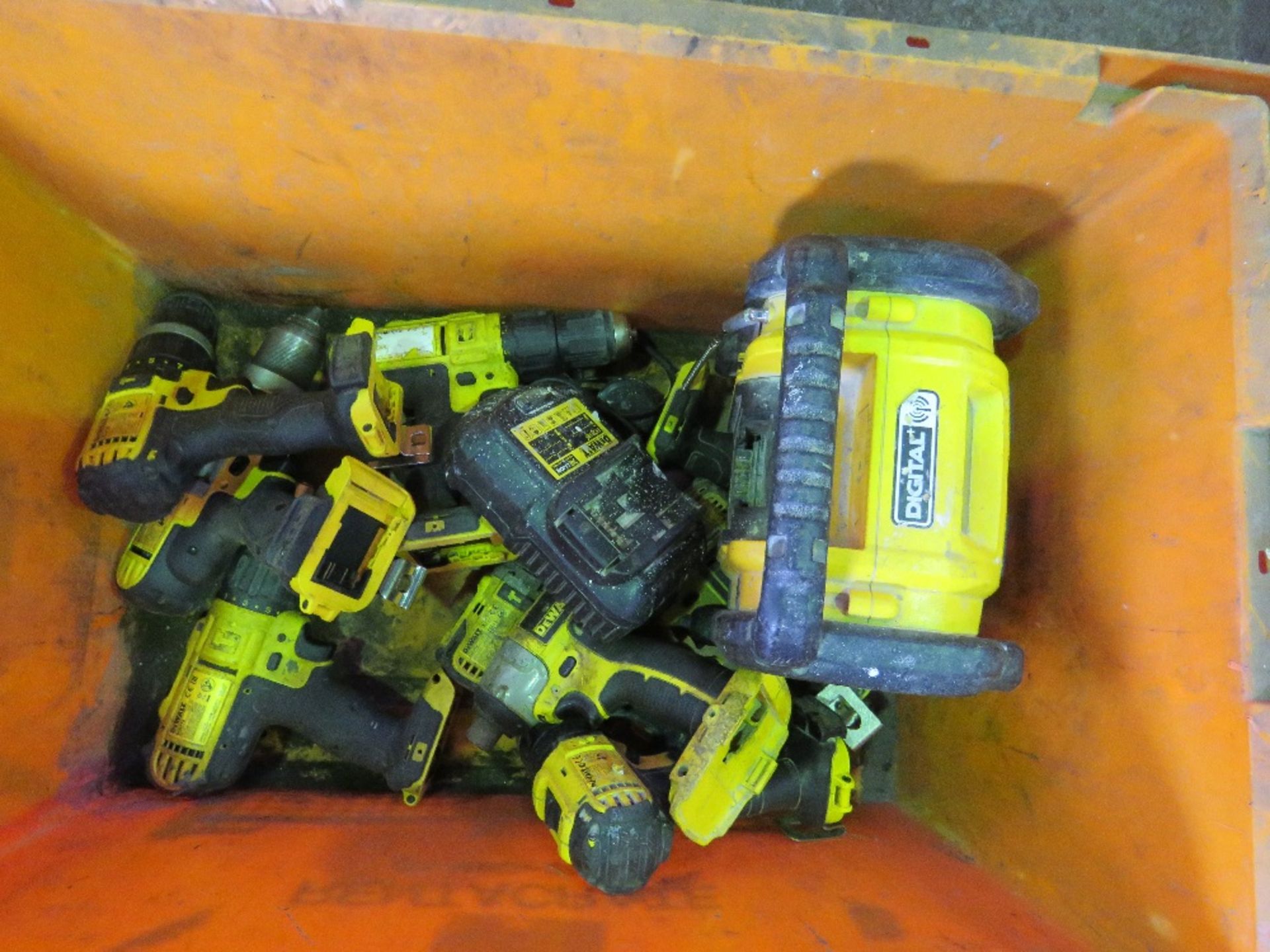 BOX OF DEWALT BATTERY TOOLS PLUS A RADIO, NO BATTERIES. SOLD UNDER THE AUCTIONEERS MARGIN SCHEME THE