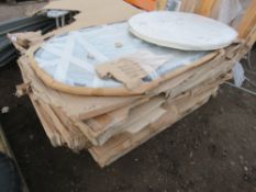 PALLET CONTAINING 6 X OVAL GLASS TOPPED TABLES PLUS A ROUND PLASTIC ONE.