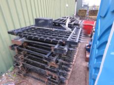 STACK OF EXTRA HEAVY DUTY DECORATIVE METAL FENCING, WITH SPEAR HEAD TOPS. 11 PANELS @ 2.5-3M LENGTH