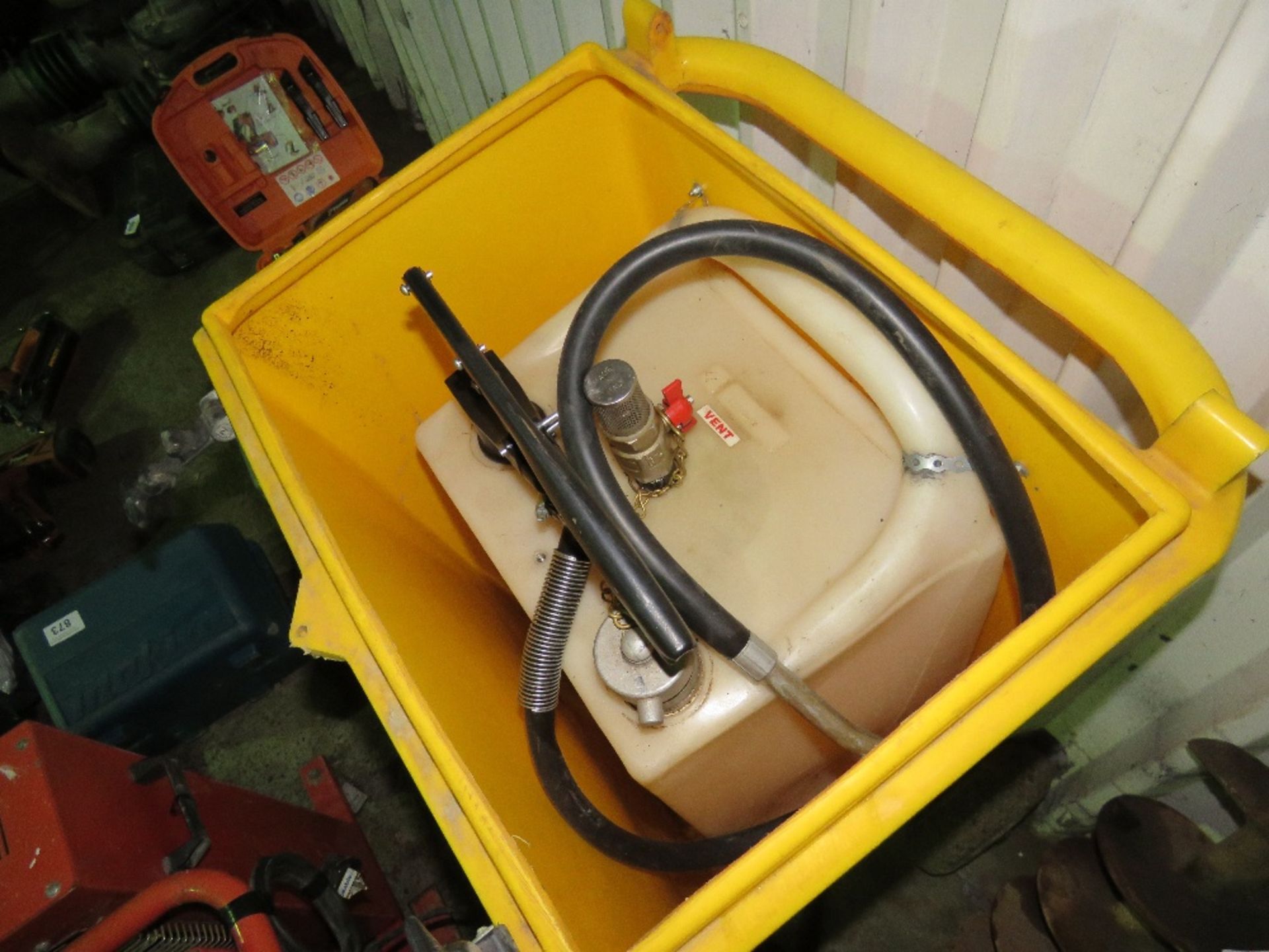 MINI DIESEL BOWSER BARROW WITH PUMP AND HOSE: NO LID. - Image 2 of 2