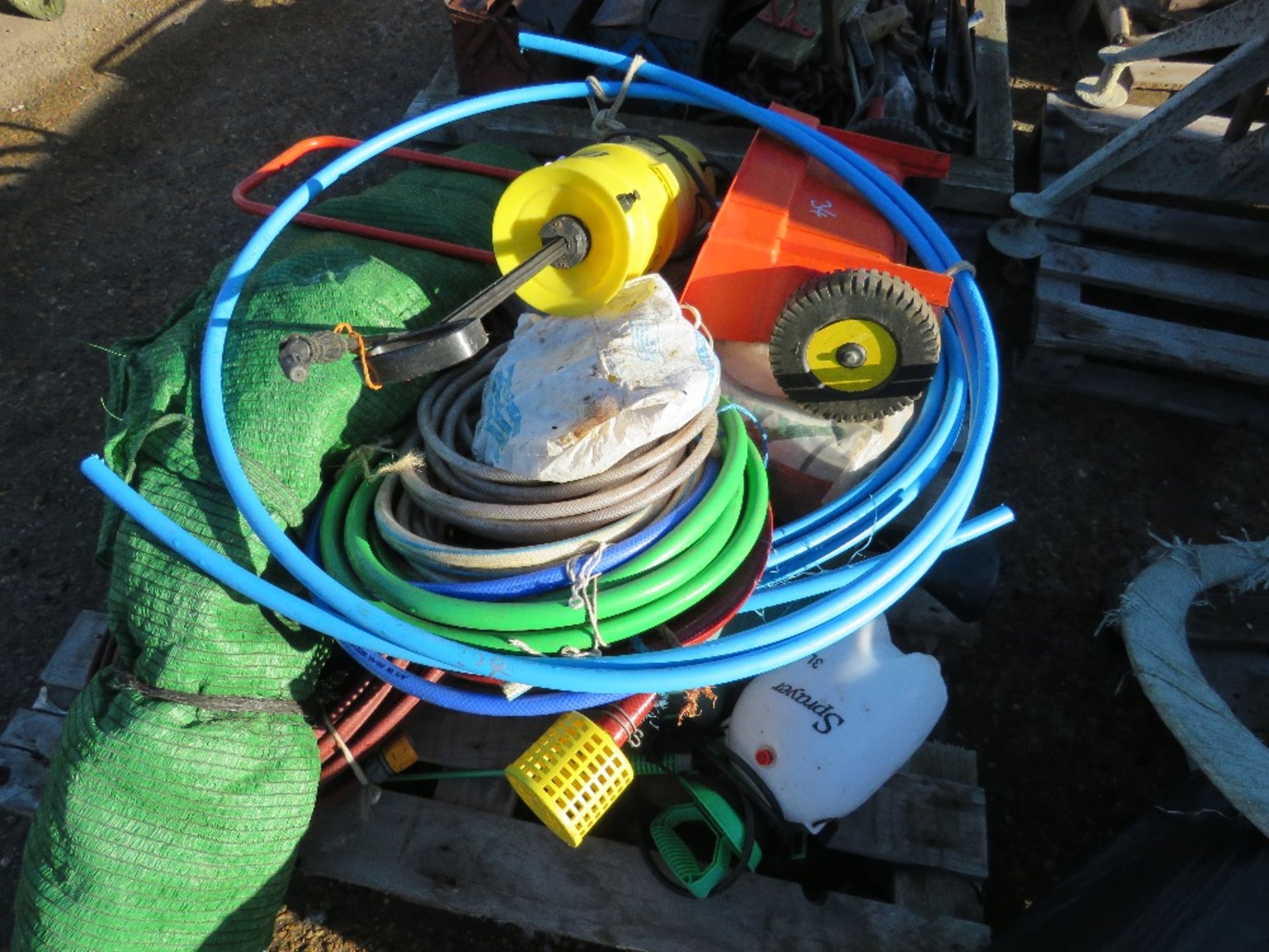 PALLET OF HOSES, HAND SPRAYERS, SPREADER UNIT AND GREEN SHEETING ETC.THIS LOT IS SOLD UNDER THE AUCT - Image 2 of 3