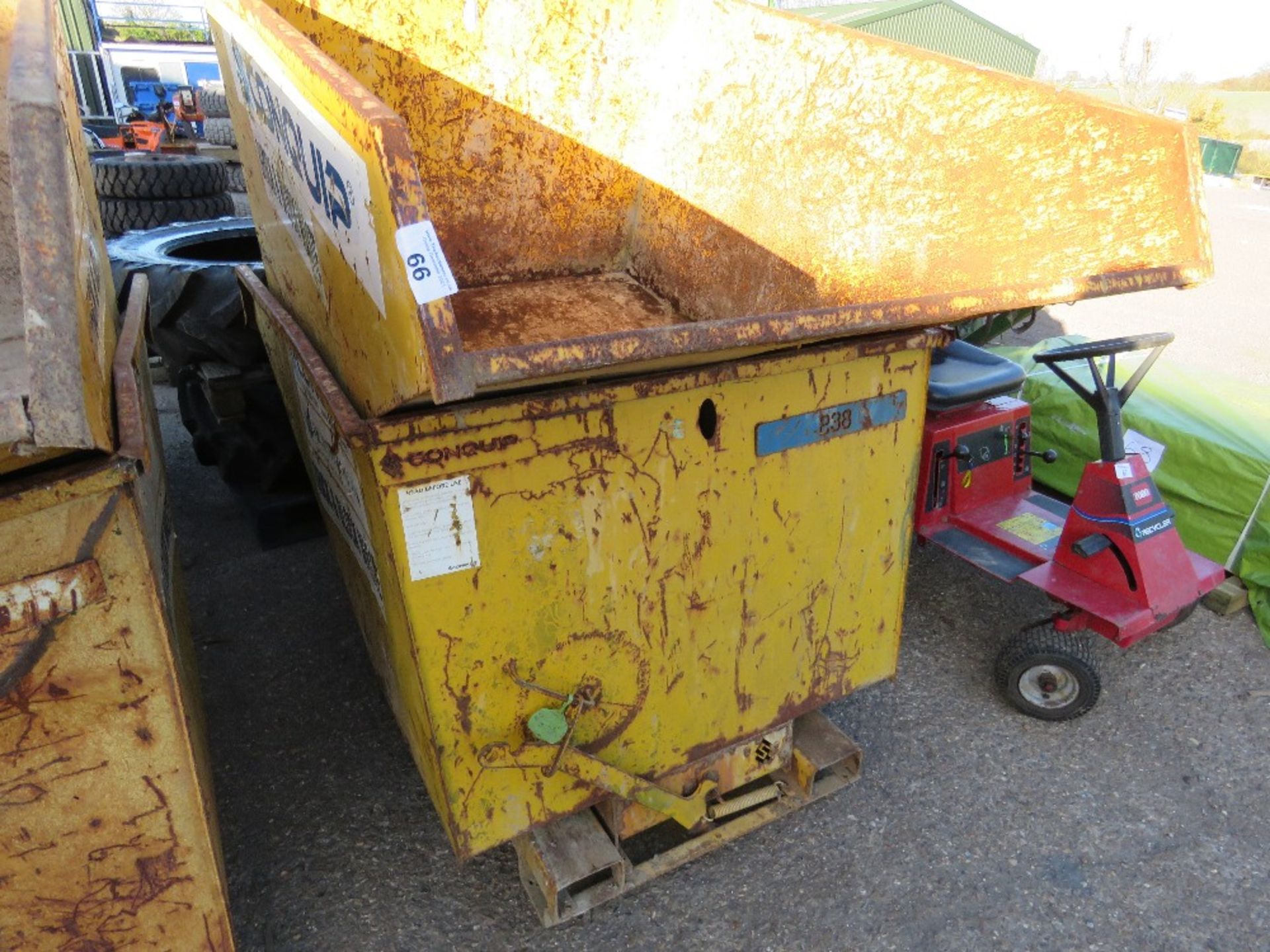 2 X CONQUIP FORKLIFT MOUNTED TIPPING SKIPS.