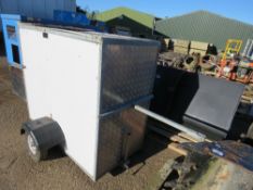 SMALL SIZED BOX TRAILER, 76CM X 155CM APPROX. HIGH TOWING DRAWBAR FITTED. NO VAT ON HAMMER PRICE.