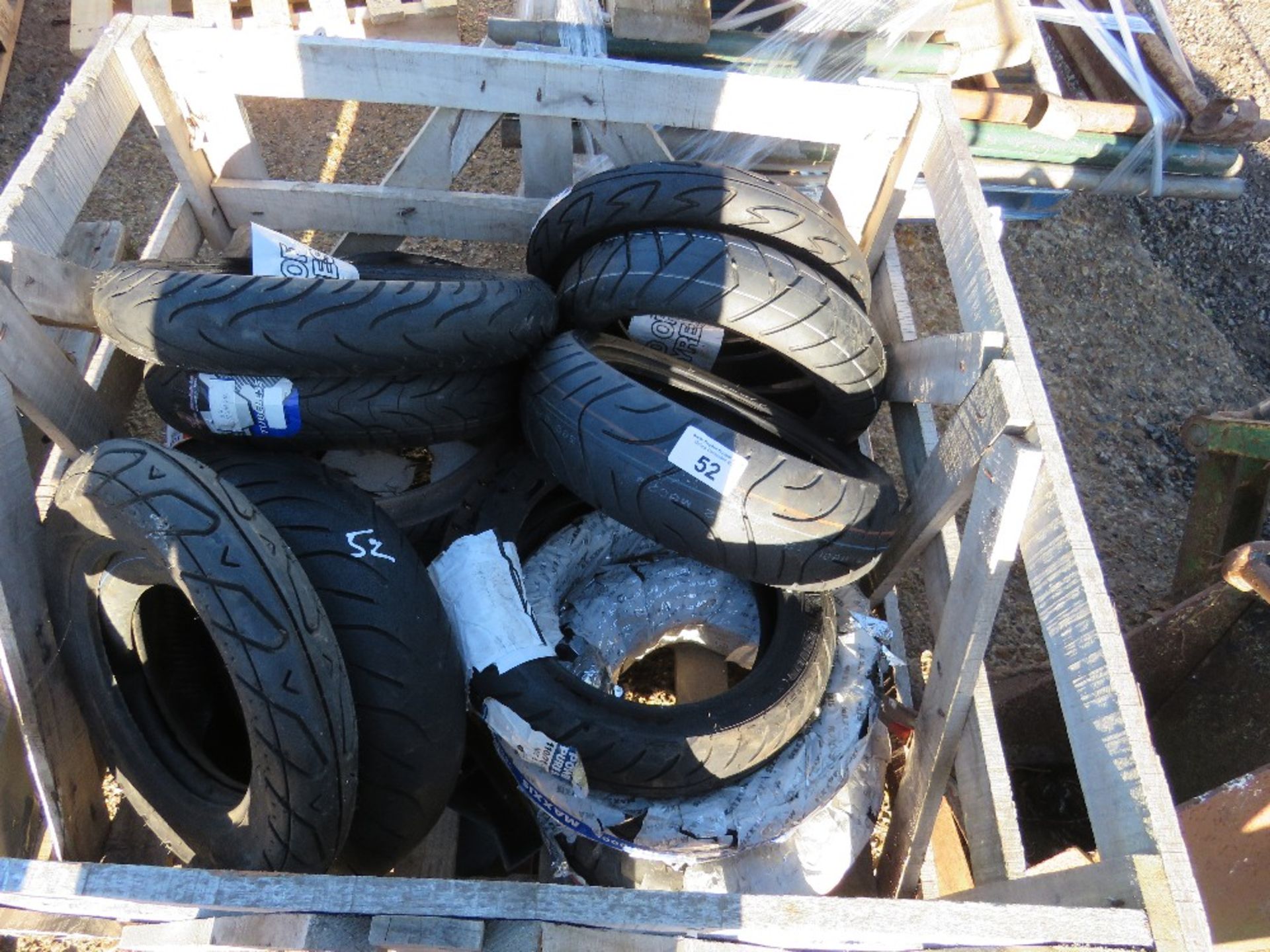 STILLAGE CONTAINING 12 X ASSORTED SCOOTER TYRES, SOURCED FROM COMPANY LIQUIDATION. THIS LOT IS SOL