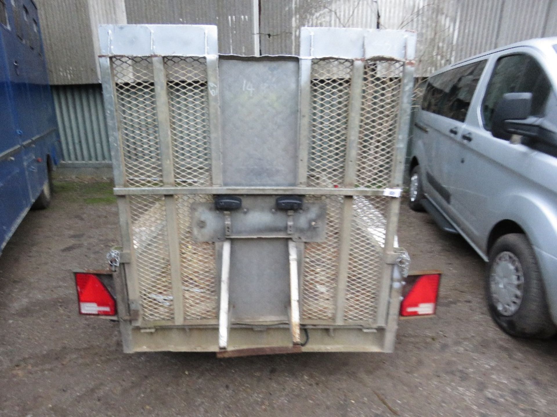 INDESPENSION 8FT X 4FT MINI EXCAVATOR TRAILER WITH DROP REAR RAMP. RING HITCH FITTED.
