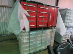STACK OF 2 X MULTI DRAWED WORKSHOP TOOL CABINETS WITH SIDE CUPBOARD. 2 BANKS OF DRAWERS. UNUSED WITH