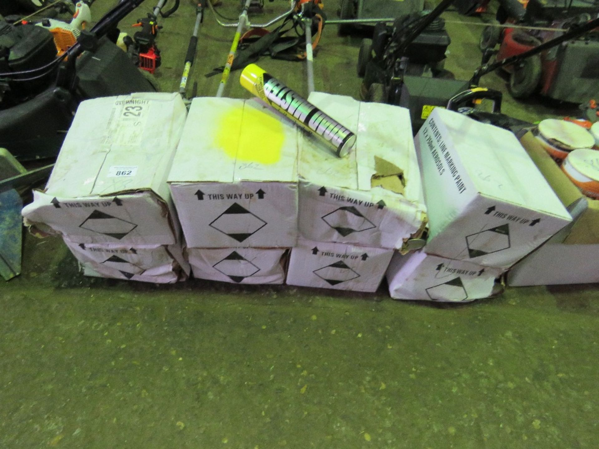 8 X BOXES OF YELLOW SPRAY MARKER PAINTS. NO VAT CHARGED ON THE HAMMER PRICE OF THIS LOT.
