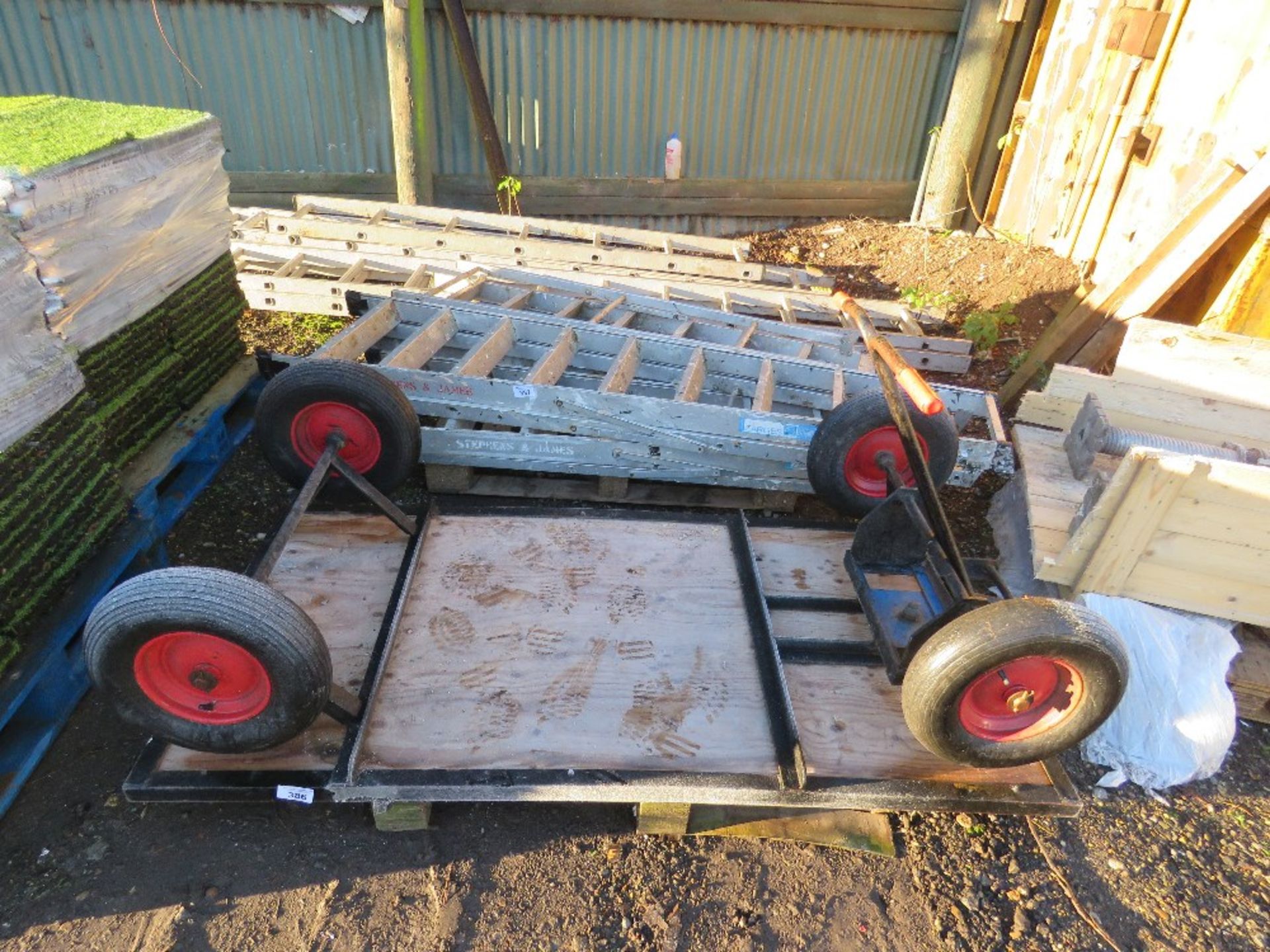 FOUR WHEELED TROLLEY, 6FT X 3FT APPROX BED SIZE.