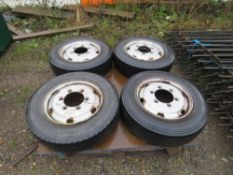 4 X 6 STUD WHEELS AND TYRES, 205/75R17.5 SIZE TYRES. NO VAT ON HAMMER PRICE.