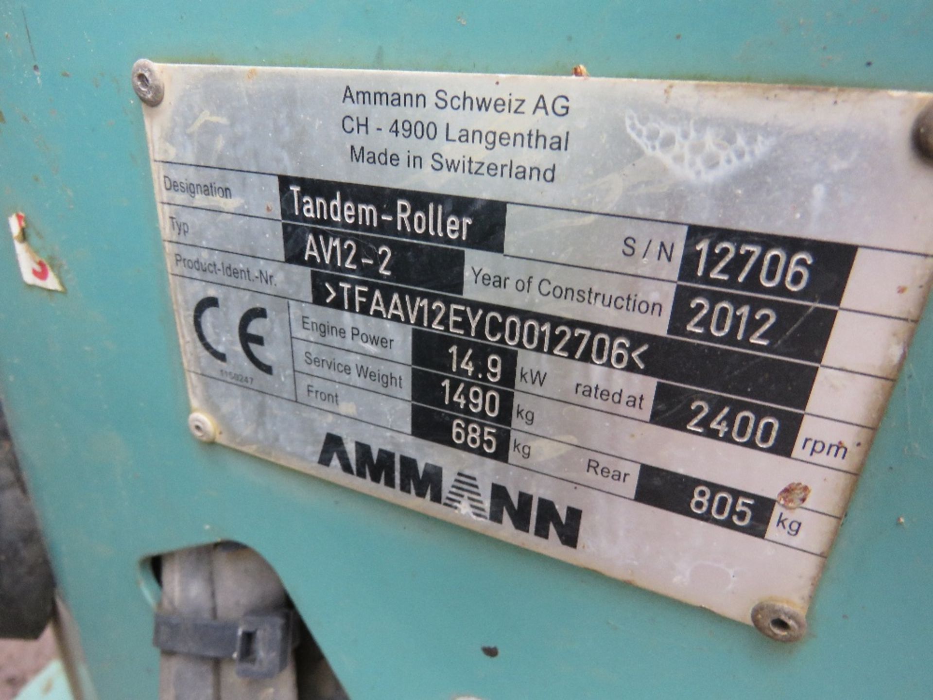 AMMANN AV12 DOUBLE DRUM ROLLER, YEAR 2012. 570 REC HOURS. SN:TFAAV12EYC0012706. DIRECT FROM LOCAL CO - Image 5 of 7
